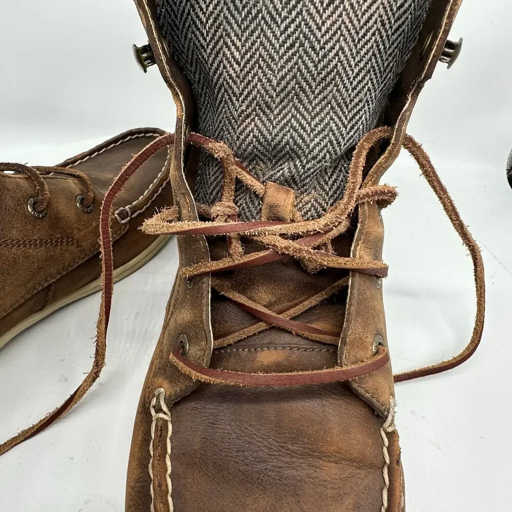 Sperry Bayfish Brown Leather Lace Up High Top Herringbone Collar Womens 10